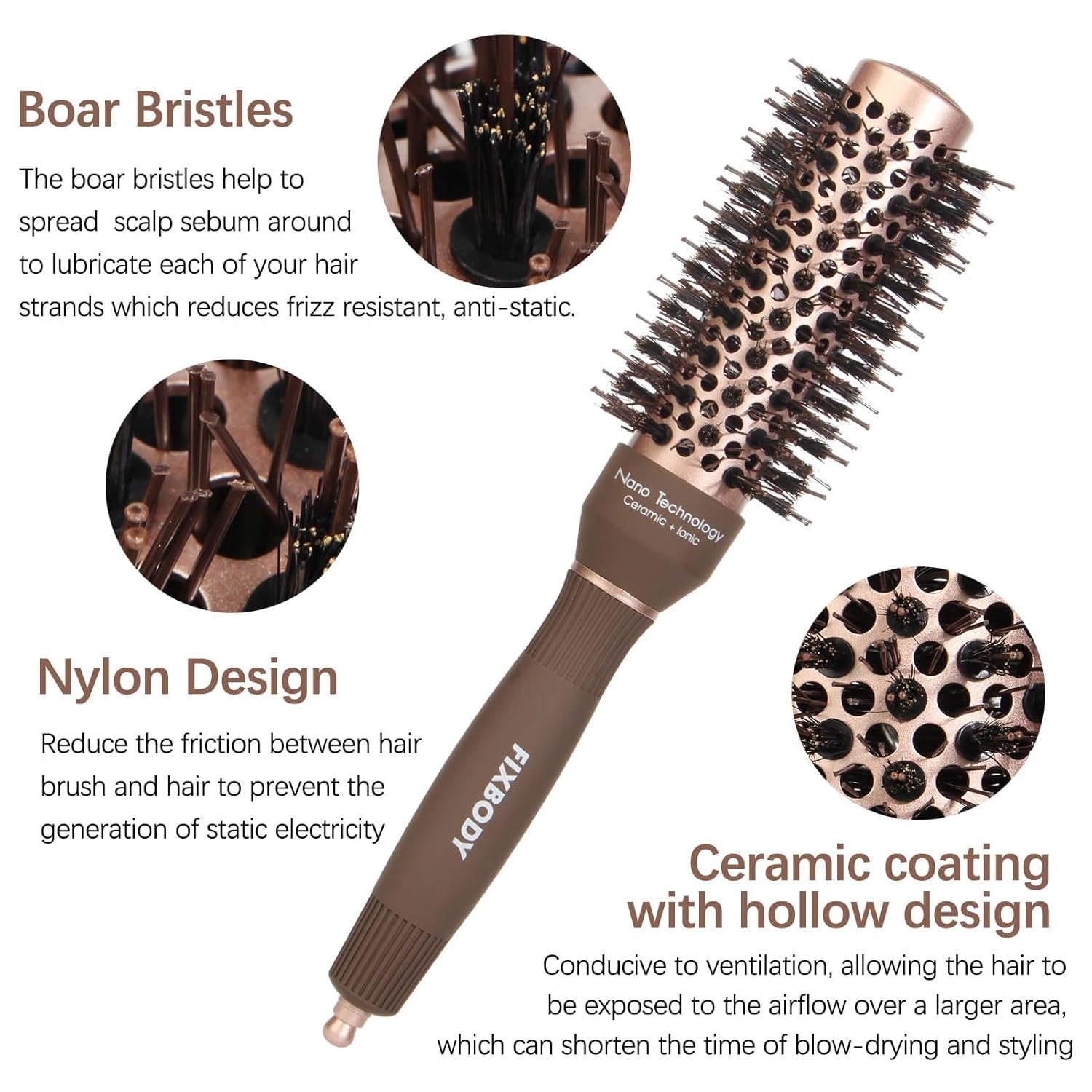 round Hair Brush with Boar Bristles, Nano Thermal Ceramic, Ionic Tech and Anti-Static, Roller Hairbrush for Blow Drying, Curling, Straightening (2.5 Inch, Barrel 1.25 Inch)