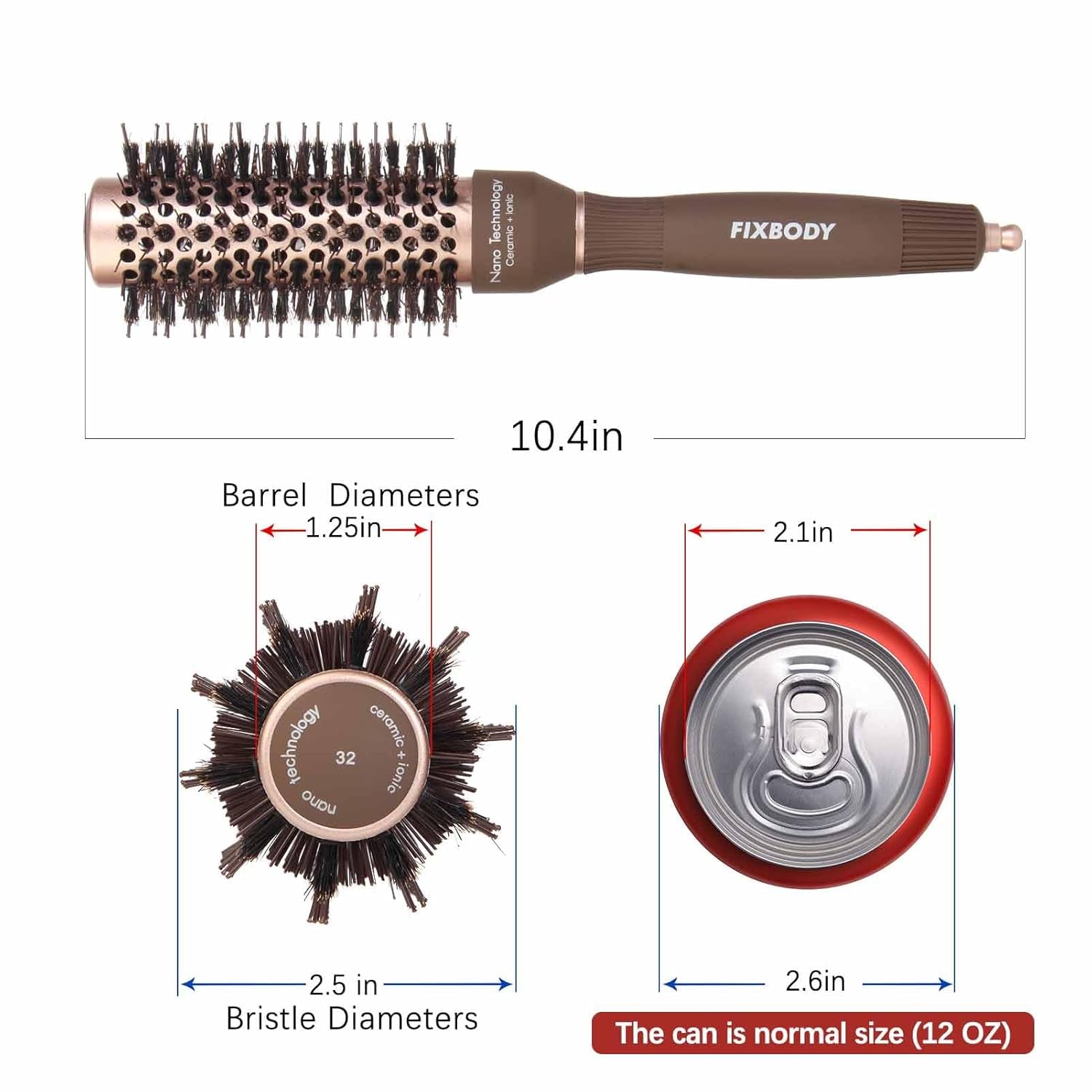 round Hair Brush with Boar Bristles, Nano Thermal Ceramic, Ionic Tech and Anti-Static, Roller Hairbrush for Blow Drying, Curling, Straightening (2.5 Inch, Barrel 1.25 Inch)