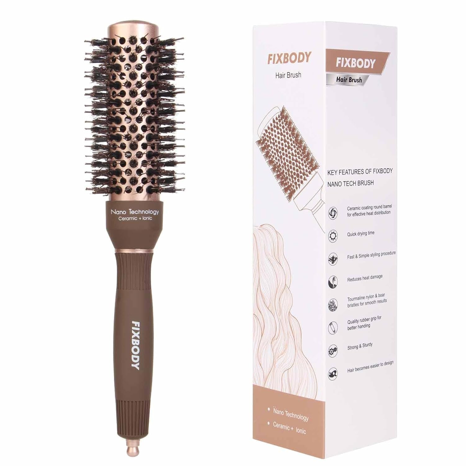 round Hair Brush with Boar Bristles, Nano Thermal Ceramic, Ionic Tech and Anti-Static, Roller Hairbrush for Blow Drying, Curling, Straightening (2.5 Inch, Barrel 1.25 Inch)