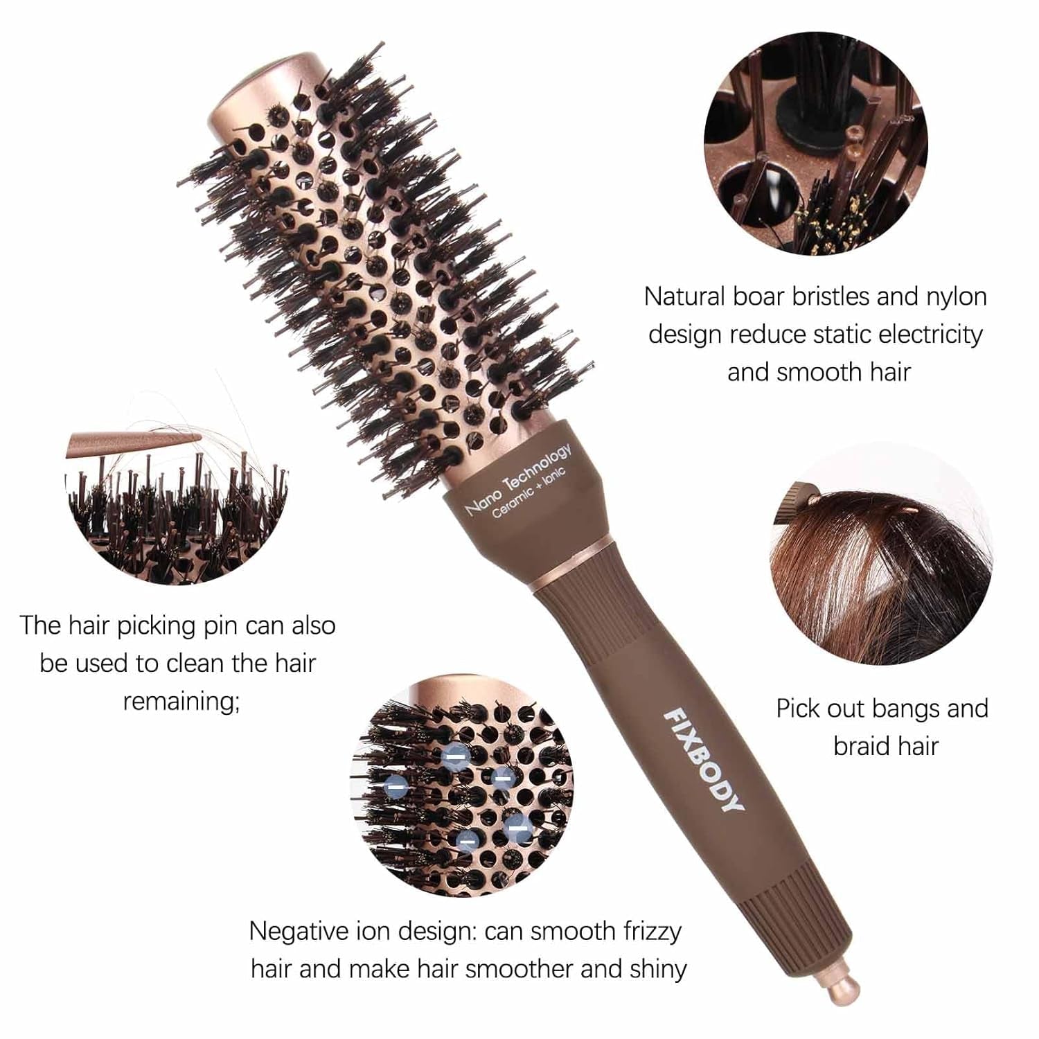 round Hair Brush with Boar Bristles, Nano Thermal Ceramic, Ionic Tech and Anti-Static, Roller Hairbrush for Blow Drying, Curling, Straightening (2.5 Inch, Barrel 1.25 Inch)