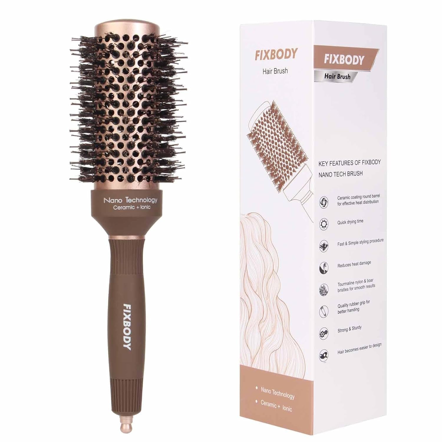 Hair Brush, round Brush for Blow Drying, Curling, Styling, Nano Thermal Ceramic & Ionic Tech, Boar Bristle, Volume & Shine, Brown (3 Inch, 1.7 Inch Barrel)